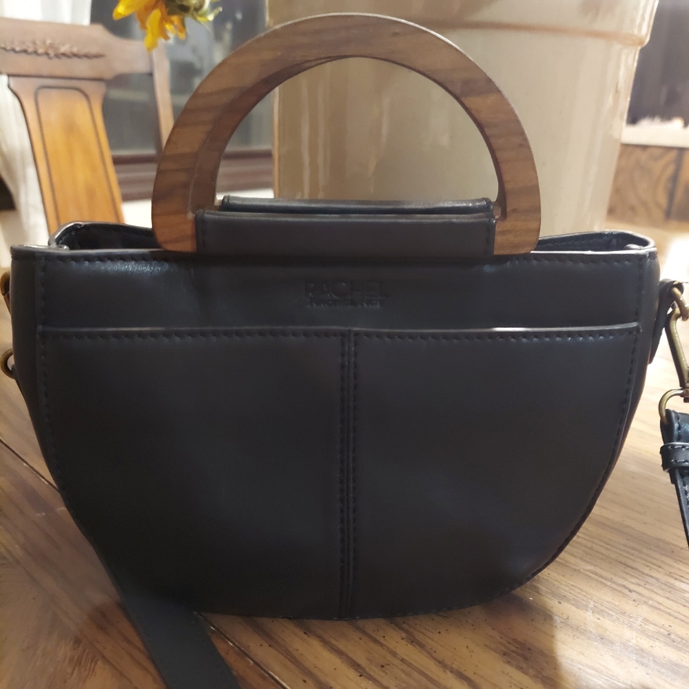 Rachel Roy Women Crossbody Bag Purse Black Leather Magnetic Snap Wood Handle - Picture 11 of 12